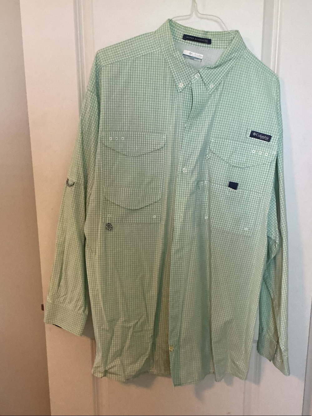 Columbia Mint Green Gingham Fishing Shirt